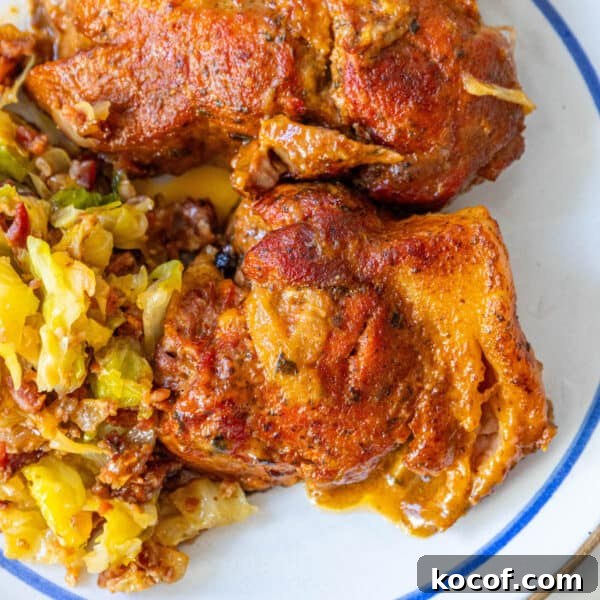 A plate with Polish country style ribs, chicken, and cabbage on it.