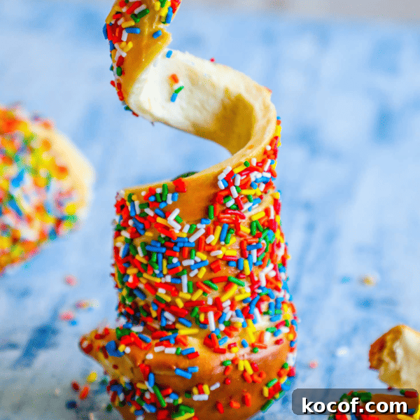 Colorful sprinkles covering a caramel-coated marshmallow with a bite taken out of the sprinkle chimney cake.