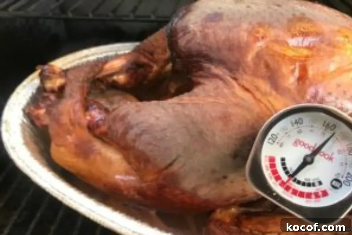 How to Smoke a Turkey on a Pellet Grill: Recipe & Step-by-Step Guide 4 A smoked turkey on a pellet grill with a meat thermometer in it.