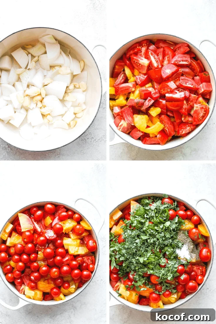 Step by step photos of the process of making homemade marinara sauce.