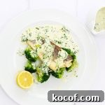 Lemon and parsley sauce with white fish and broccoli