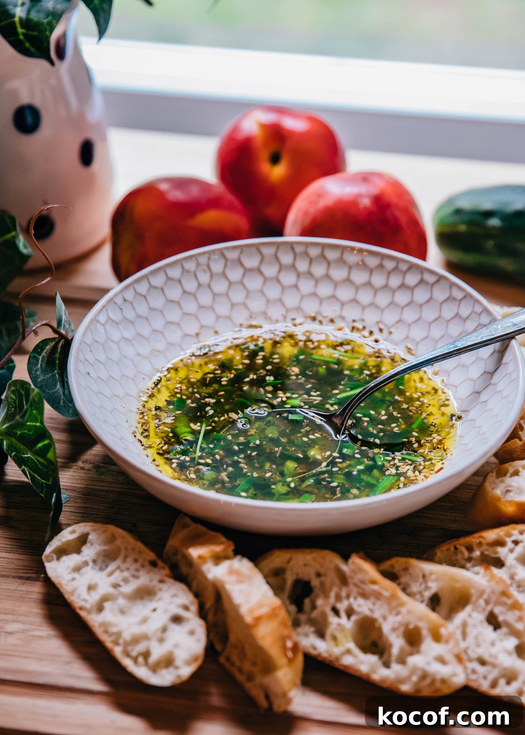 Green Garlic Bread Dipping Oil | Well and Full | #spring #recipe #herbs