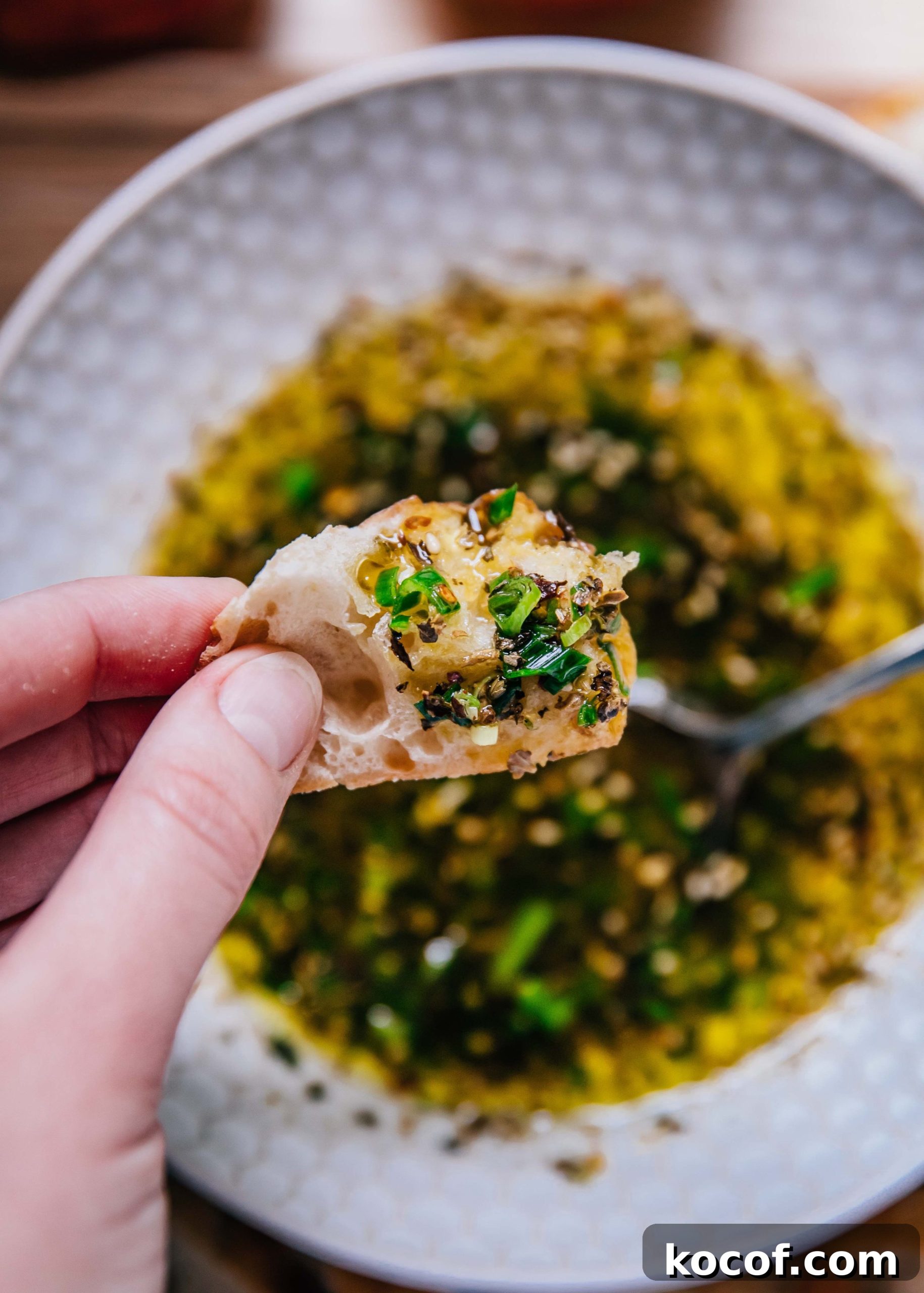 Green Garlic Bread Dipping Oil | Well and Full | #spring #recipe #herbs