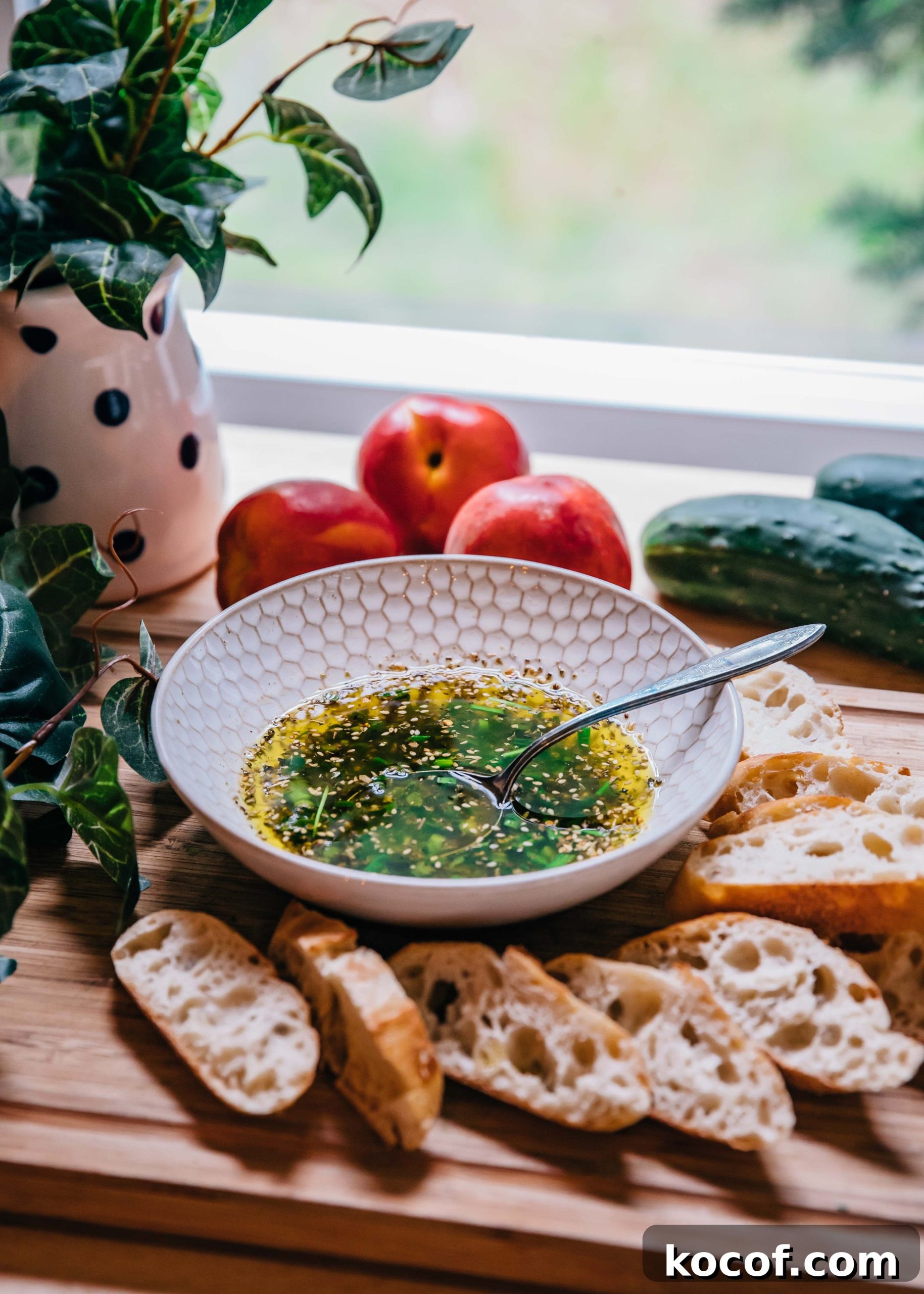 Green Garlic Bread Dipping Oil | Well and Full | #spring #recipe #herbs