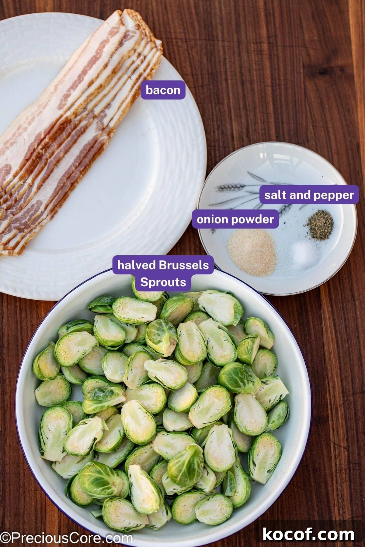 Crispy Pan-Fried Brussels Sprouts with Bacon and Garlic 4 Ingredients for pan-fried Brussels sprouts with bacon with labels.