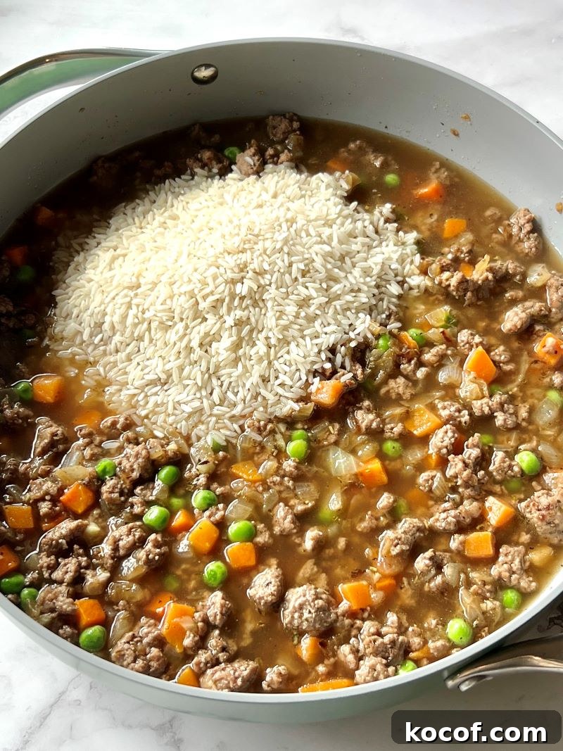 Rice, veggies and broth combined with ground beef and onions.