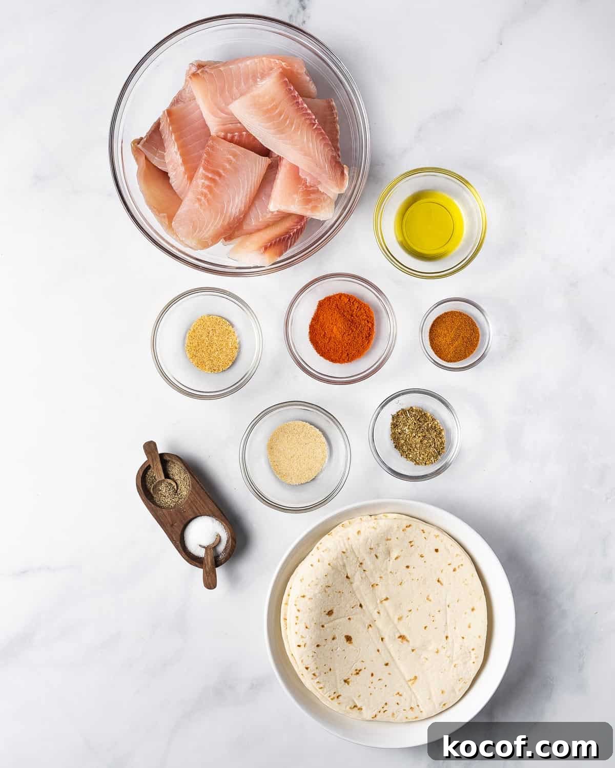 Ingredients needed to make air fryer fish tacos.