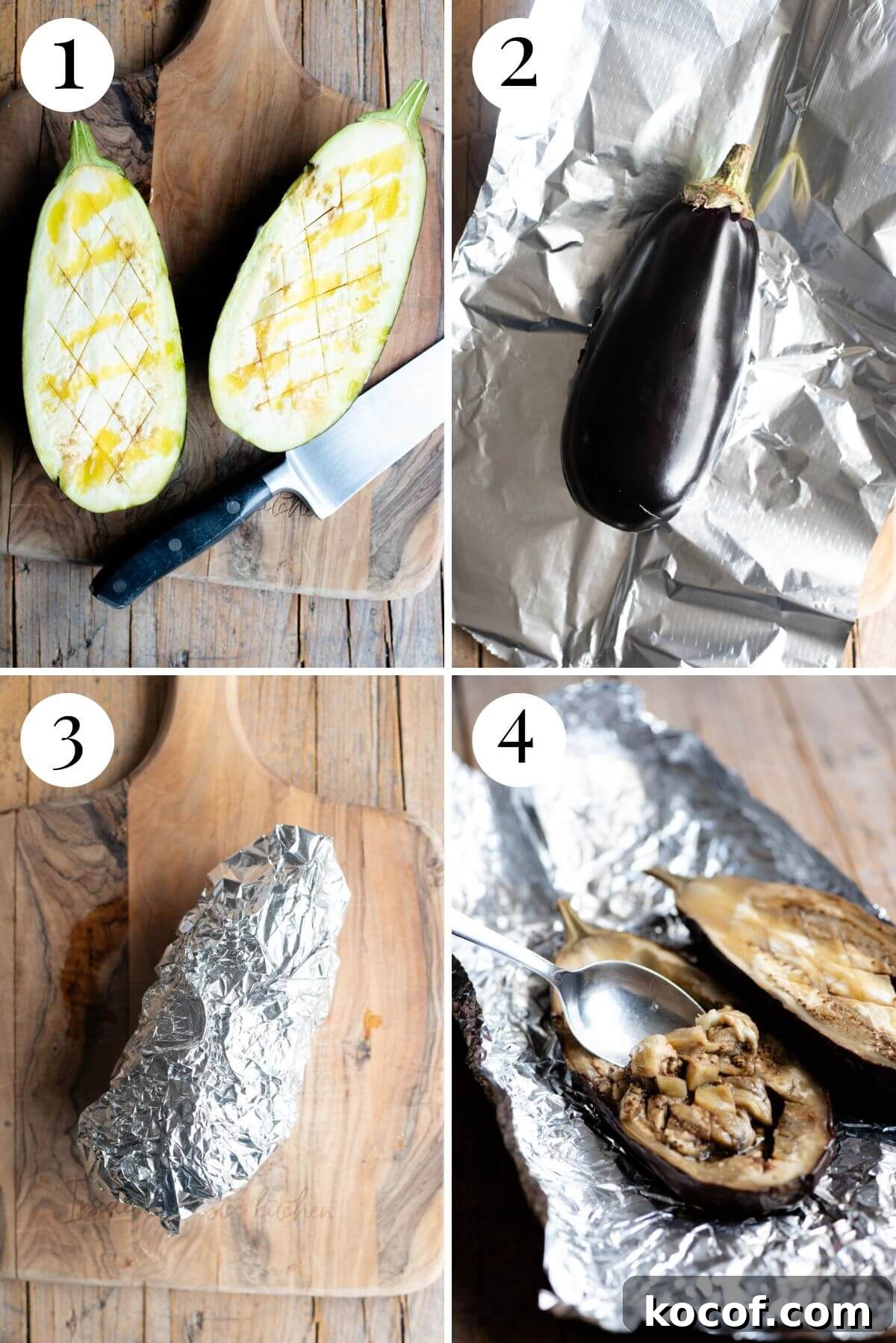 Four photos in a collage showing how to roast a whole eggplant.
