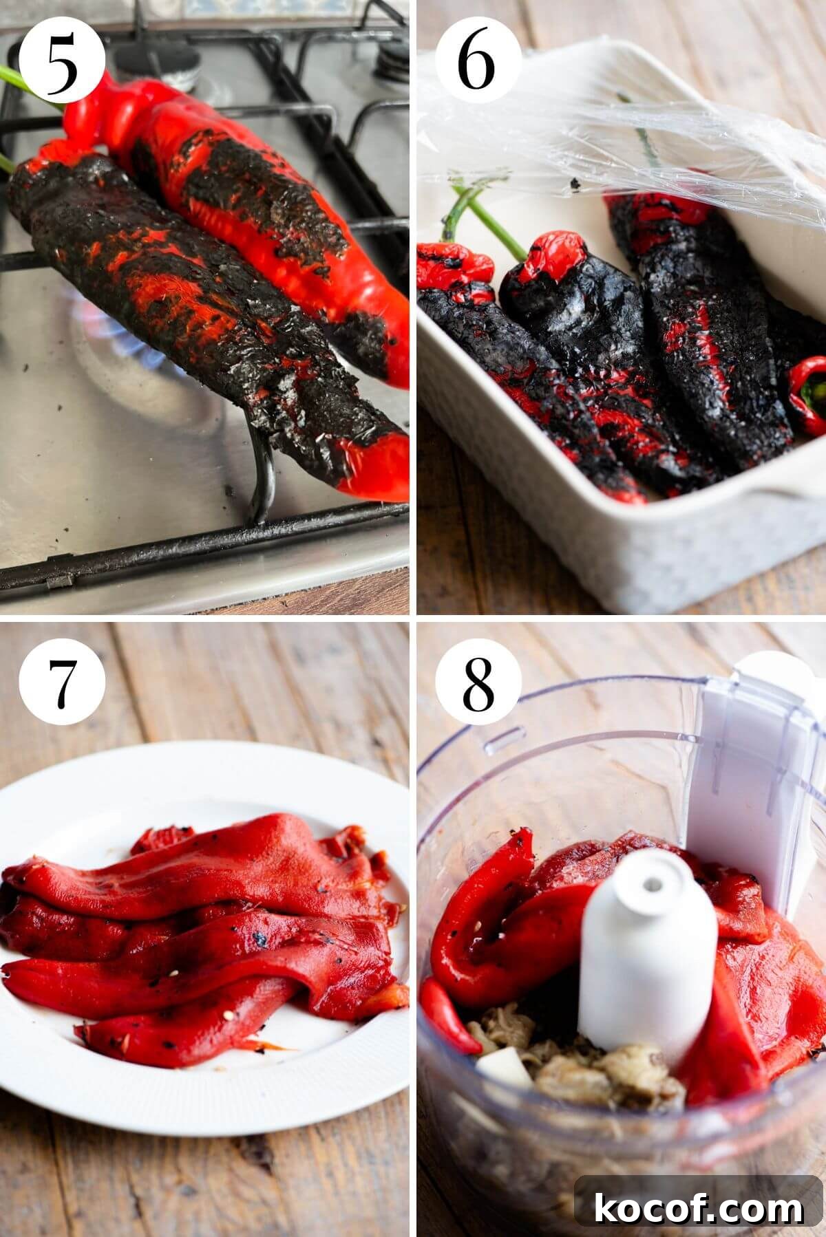 Four photos in a collage showing how to char red peppers on a gas flame and remove the skins.