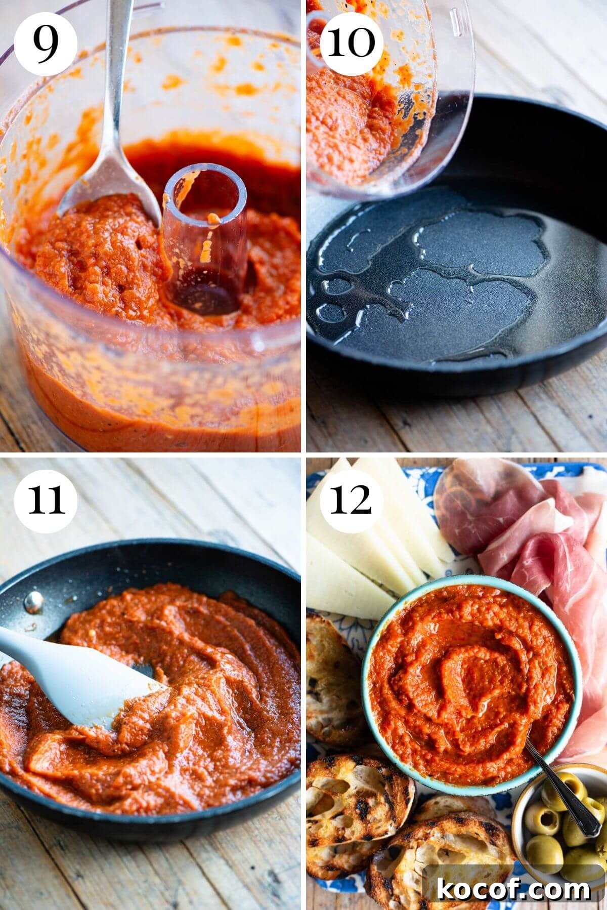 Four photos in a collage showing how to make Ajvar dip.
