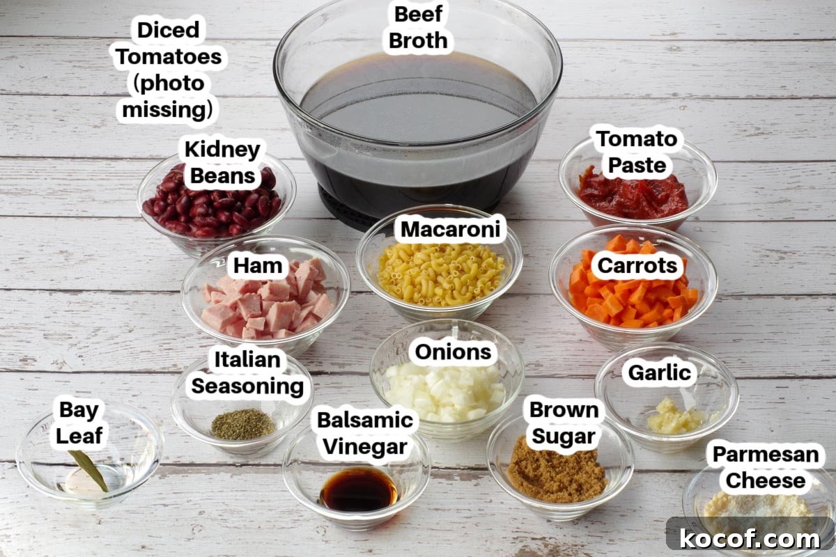 ingredients in ham macaroni soup in glass bowls, labelled