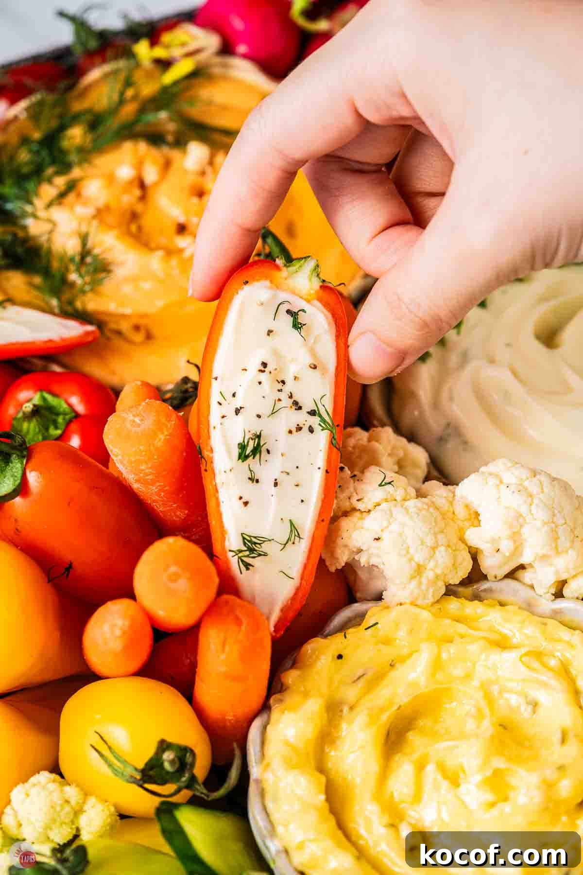 hand holding a stuffed mini bell peppers surrounded by vegetables