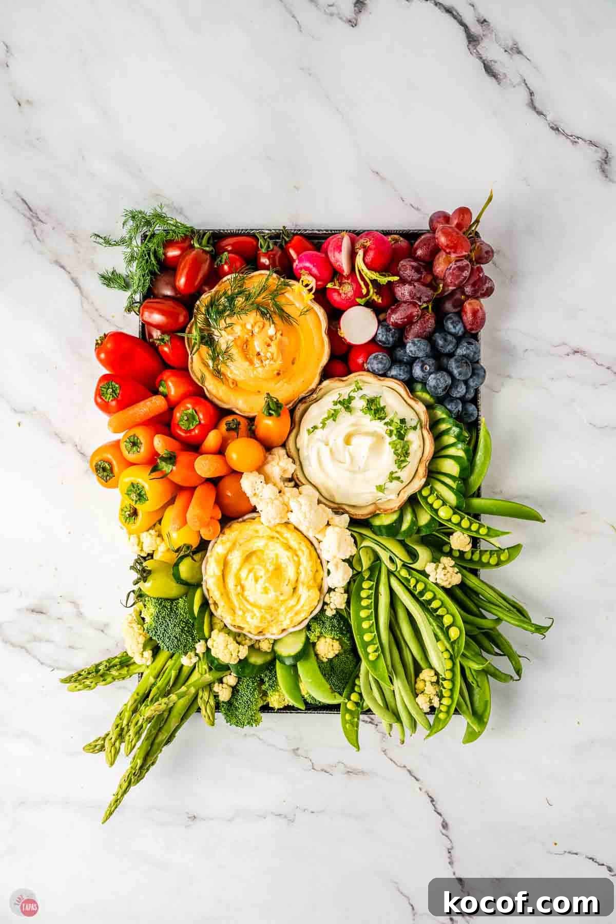 rainbow crudites on a serving tray
