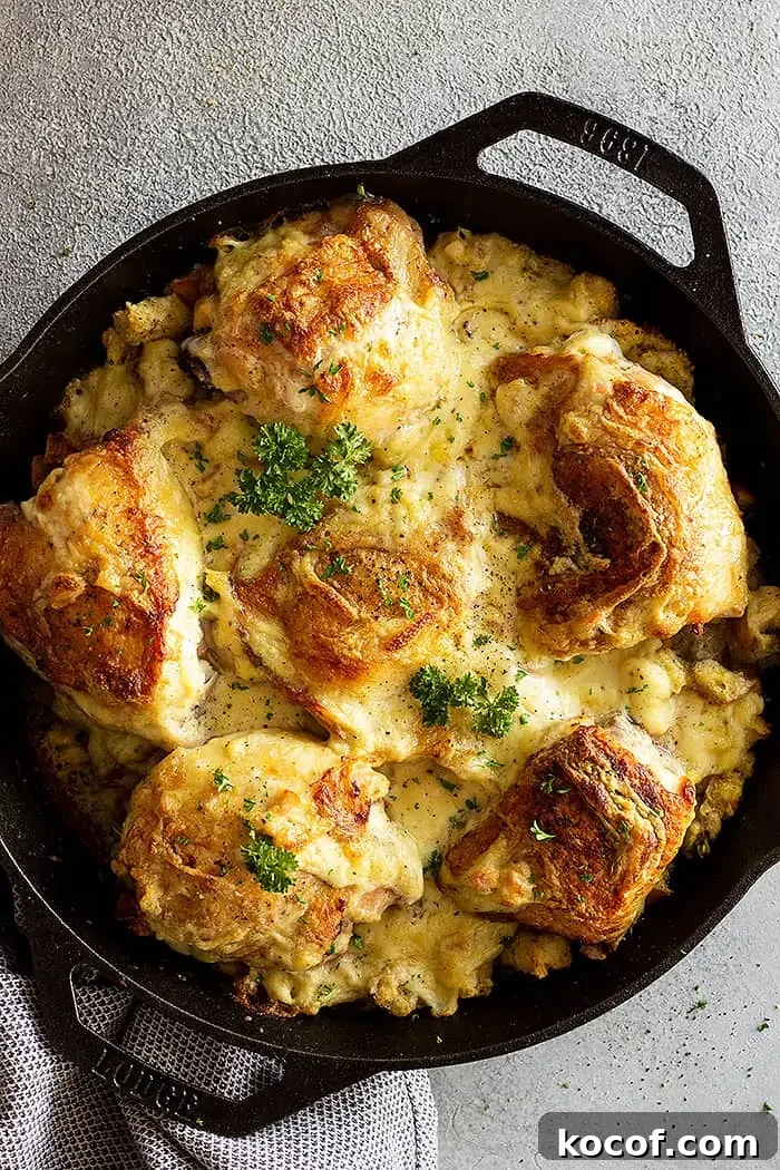overhead: chicken and stuffing casserole in a cast iron pan fresh from the oven garnished with parsley