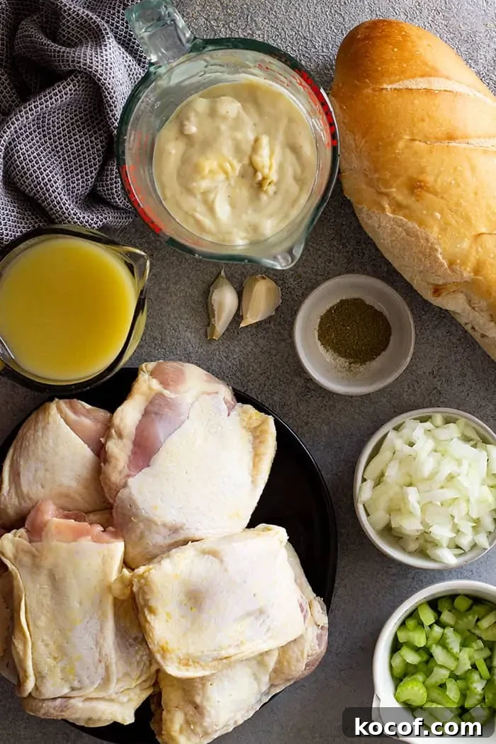 overhead: all the ingredients needed to make my chicken and stuffing casserole recipe