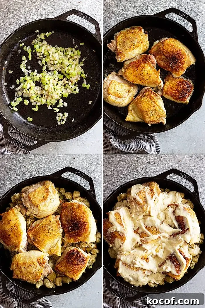 overhead process shot collage: four images showing how to make easy chicken and stuffing casserole