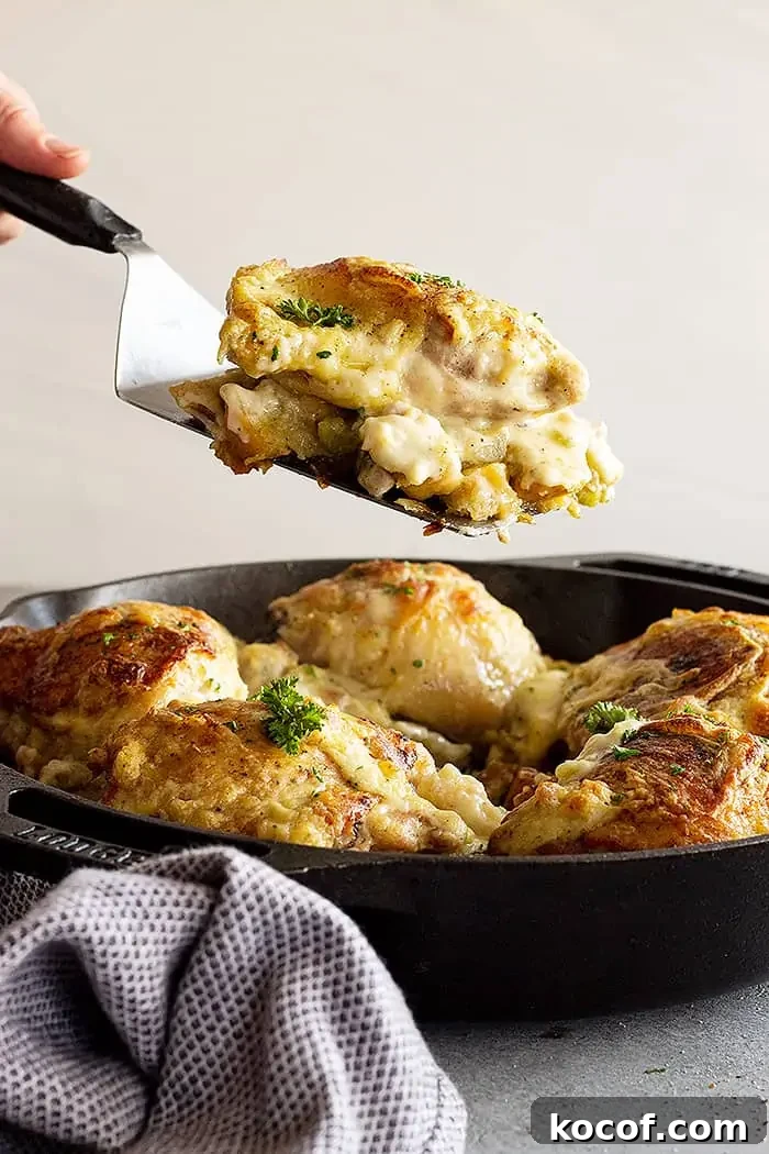 side view: a spatula lifting a portion of the stuffing and chicken casserole out of the pan ready to serve onto a plate