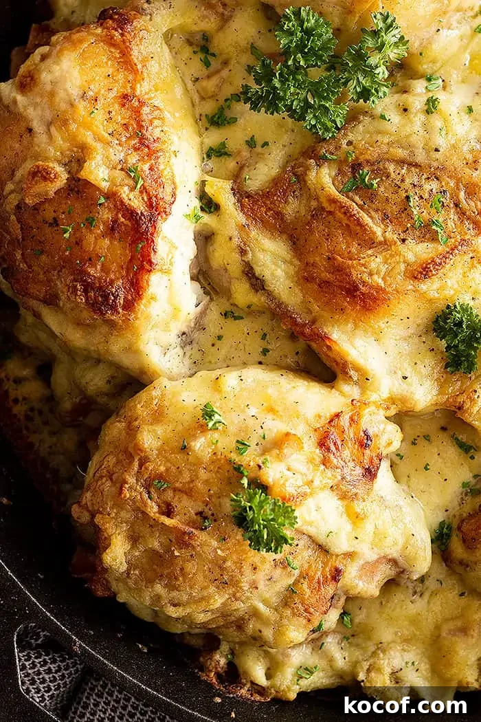 extreme closeup: chicken and stuffing casserole stove top recipe in the pan garnished with parsley 