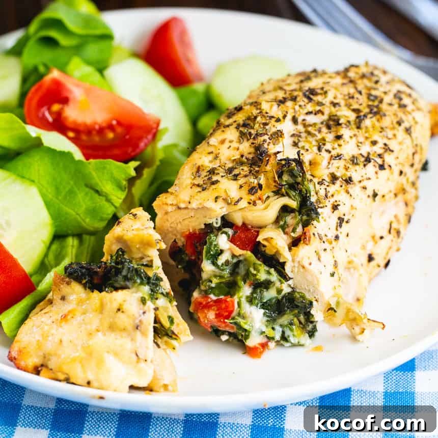 Chicken stuffed with Spinach and Artichokes on a white plate with salad.