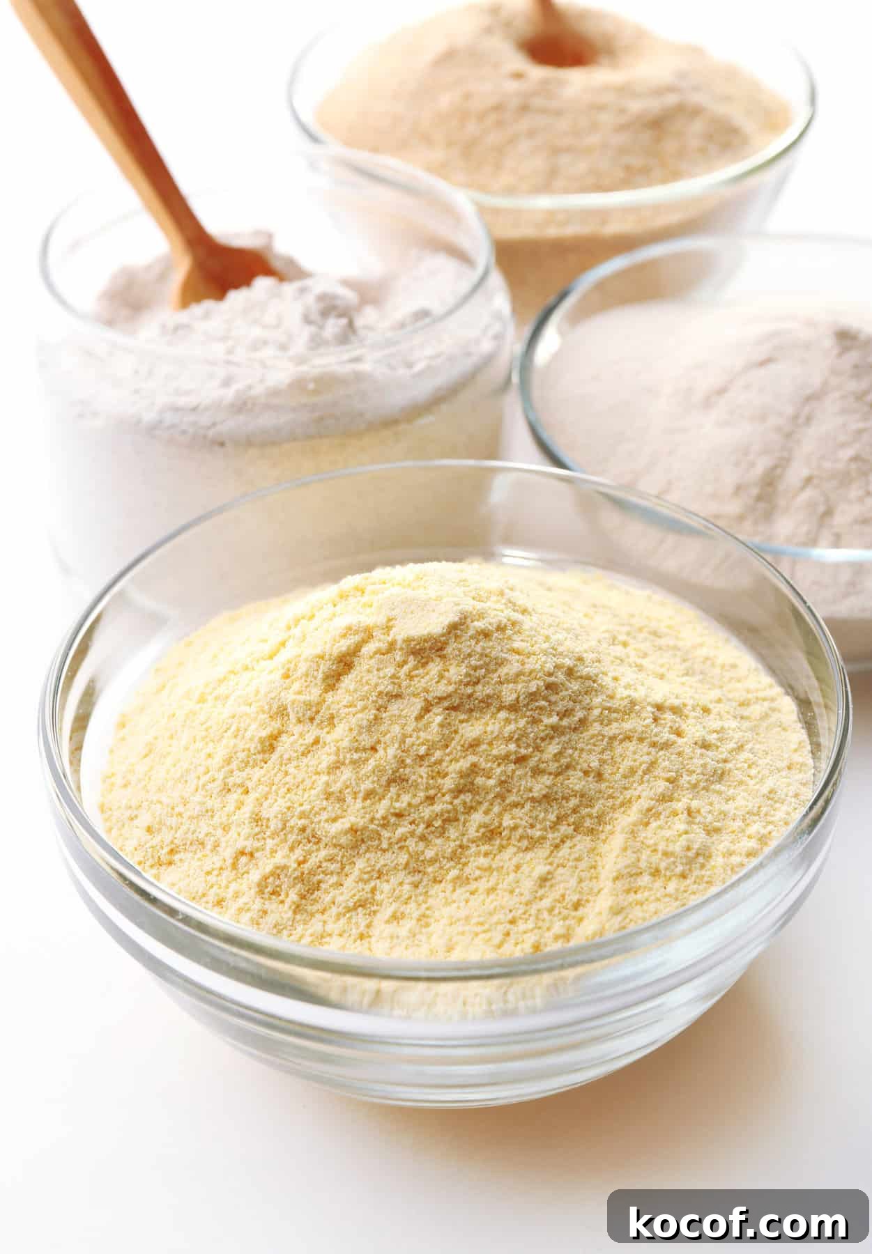 clear bowl of cornmeal on a counter