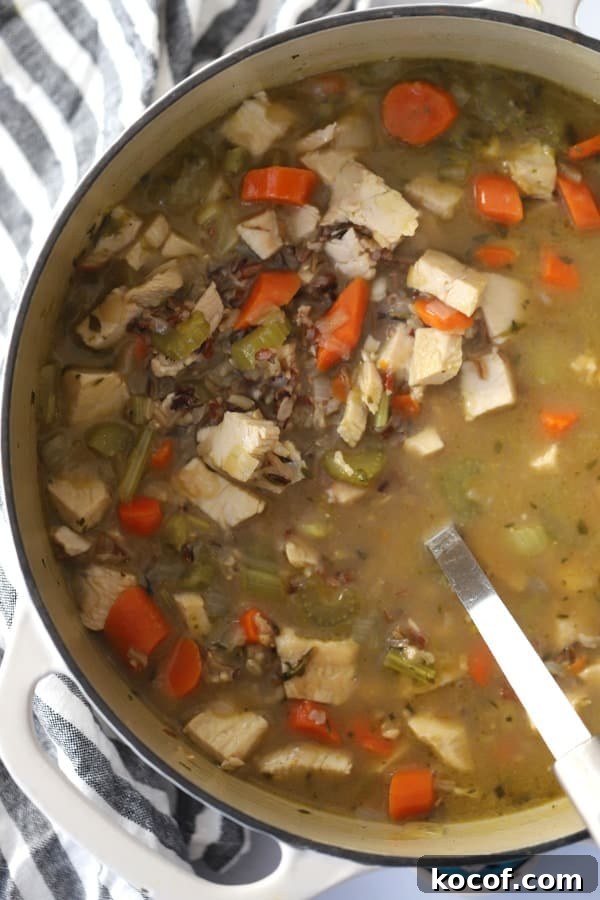 A large stock pot filled with Turkey and Wild Rice Soup.