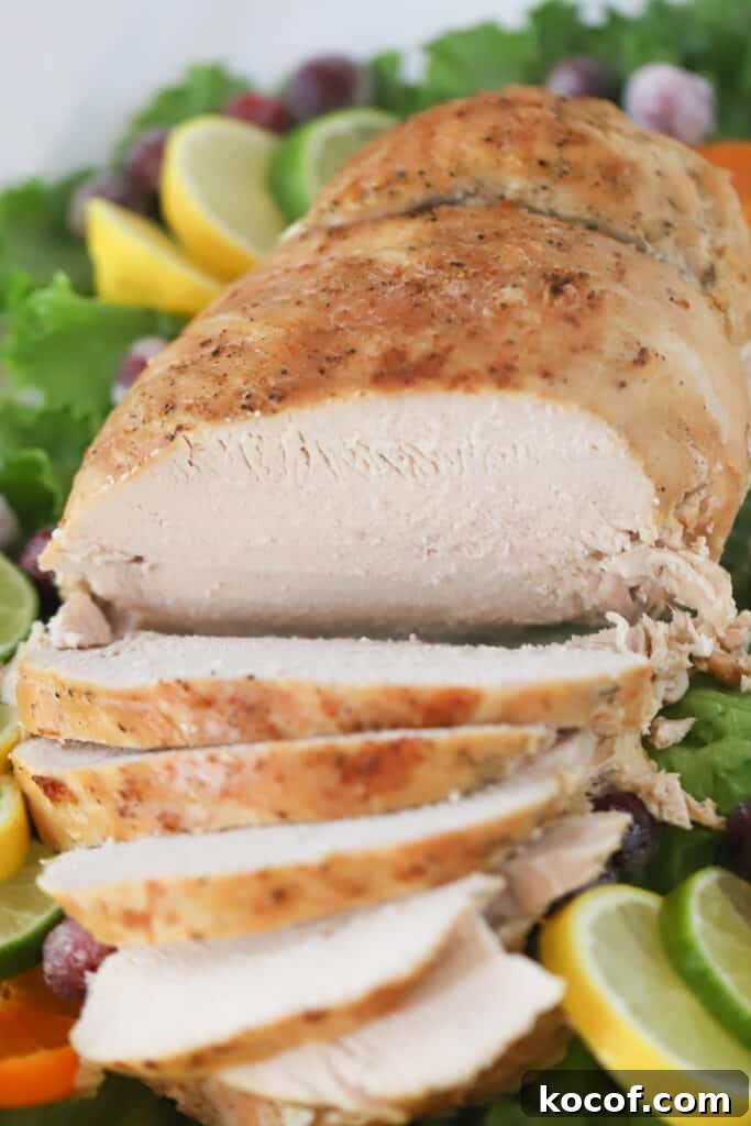 Cooked turkey breast sliced and laying on serving platter with lettuce and other fresh citrus garnish.