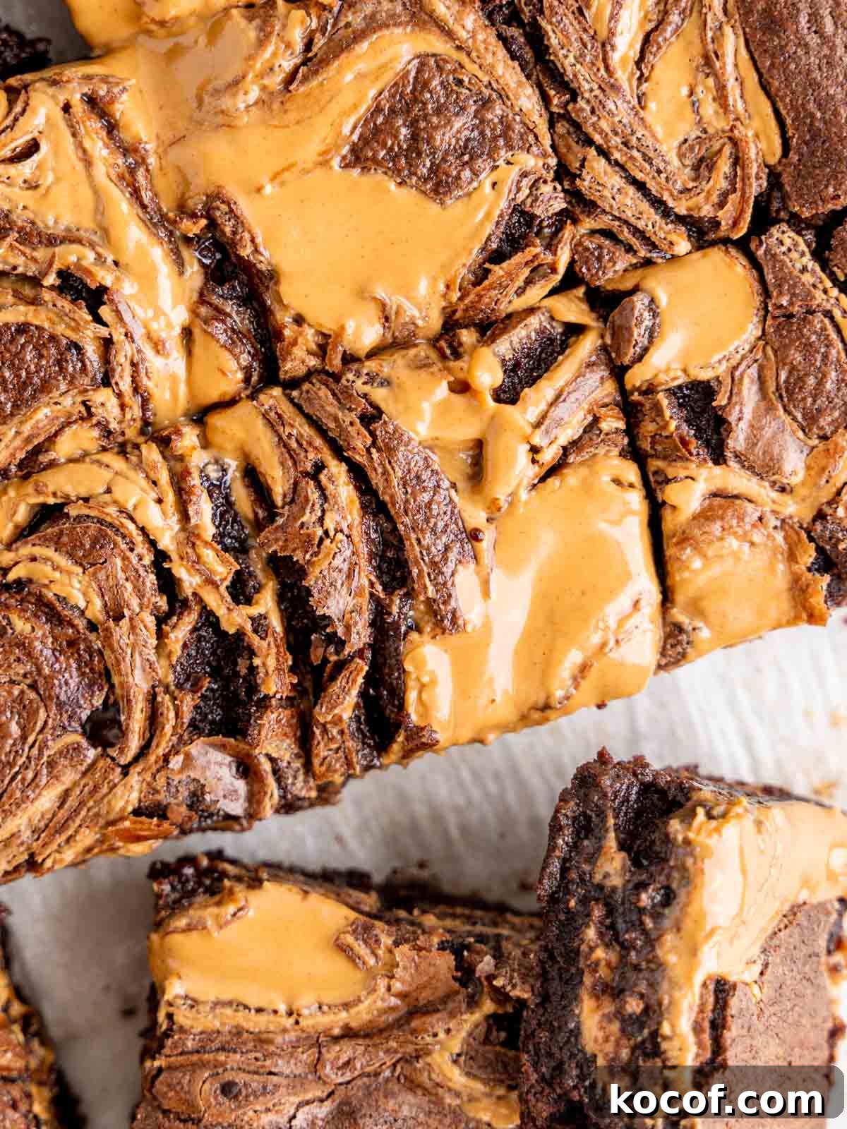 Homemade Chocolate Peanut Butter Brownies Recipe 2 Top view of chocolate brownies with peanut butter swirls.