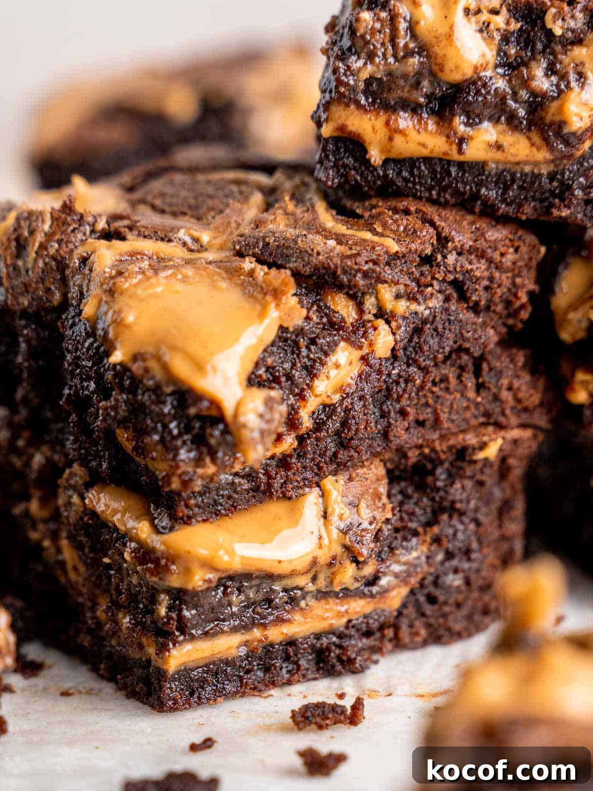 Homemade Chocolate Peanut Butter Brownies Recipe 10 A stack of peanut butter chocolate brownies.