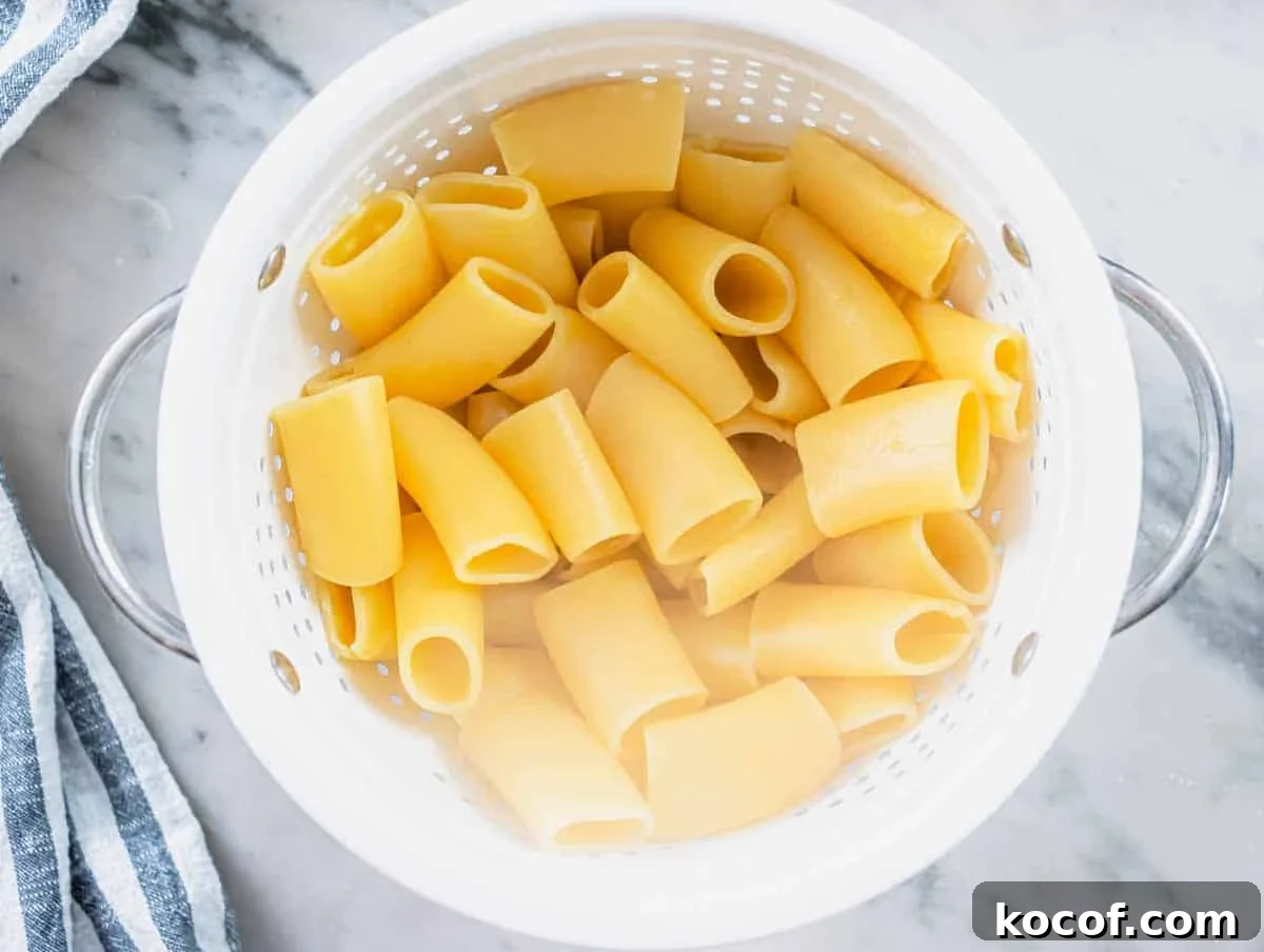 Delicious Vegan Pasta Recipes for Quick Weeknight Dinners 8 cooked rigatoni pasta in a white sift