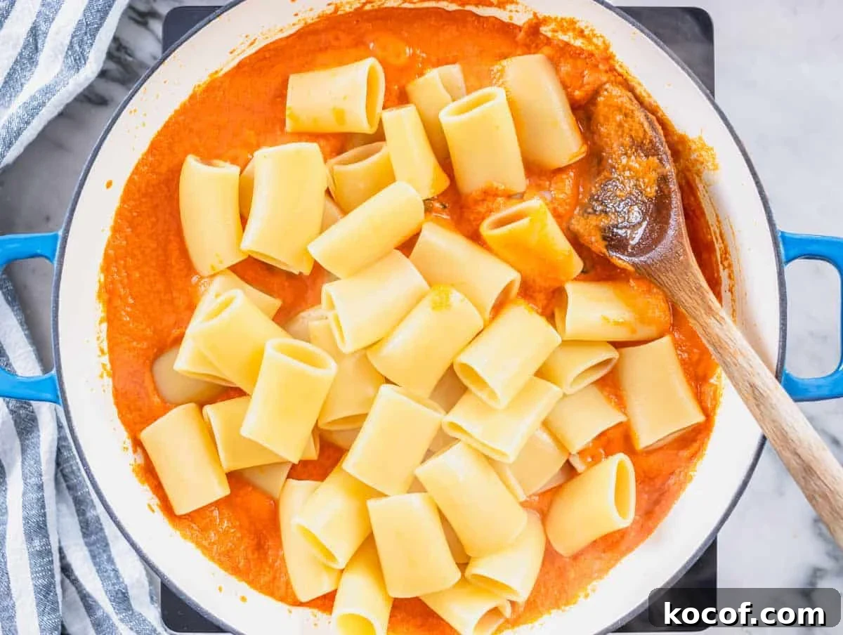 Delicious Vegan Pasta Recipes for Quick Weeknight Dinners 9 high protein pasta sauce with rigatoni pasta and a wooden spoon