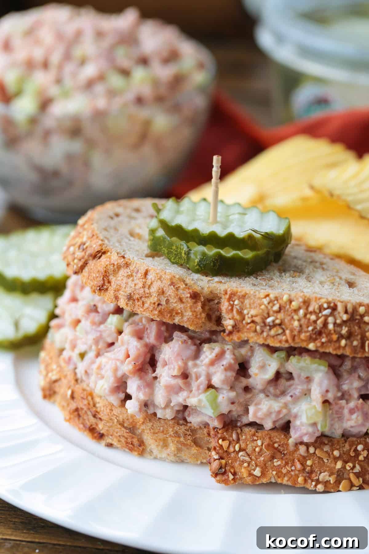 sandwich with ham salad topped with pickles