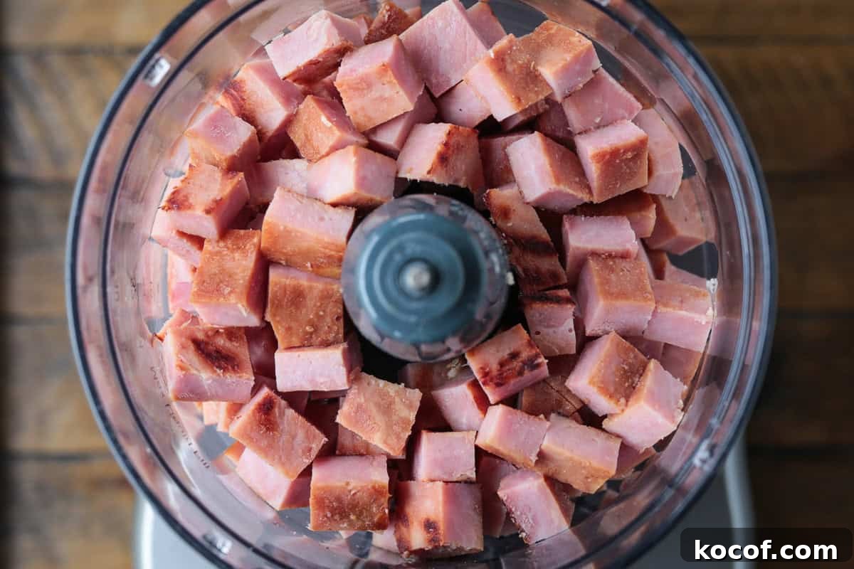 cubed ham in food processor