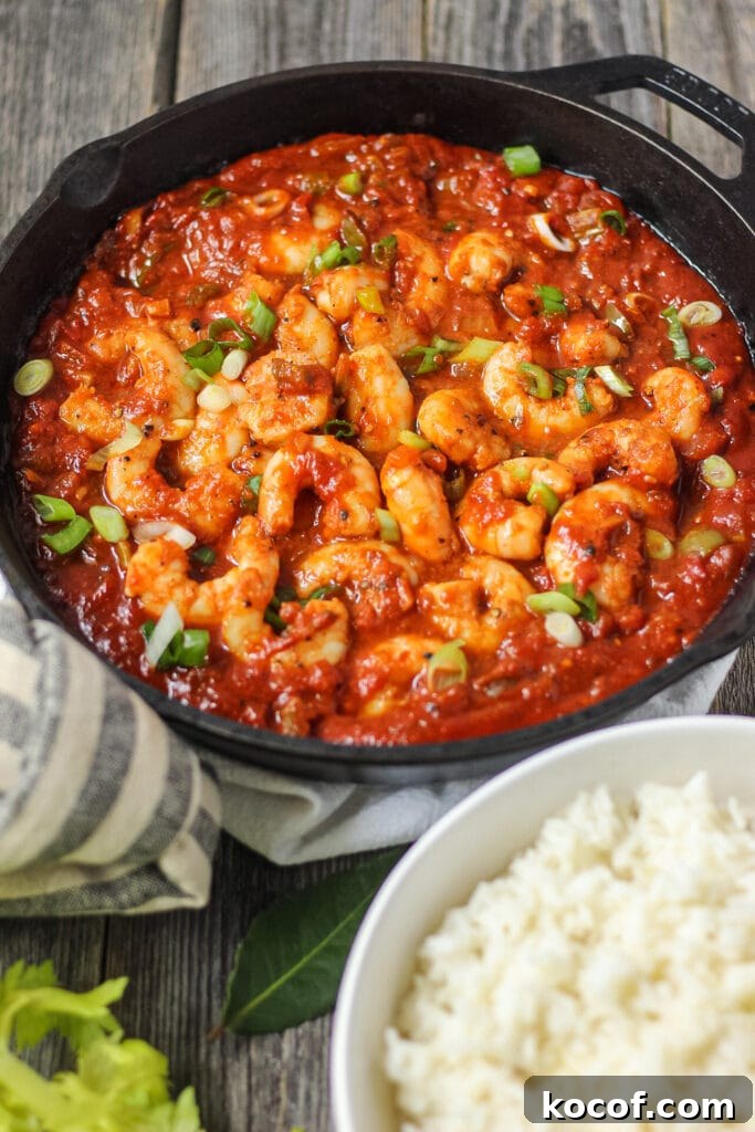 side angle shot of spicy shrimp creole