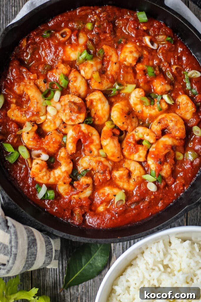 overhead shot of spicy shrimp creole
