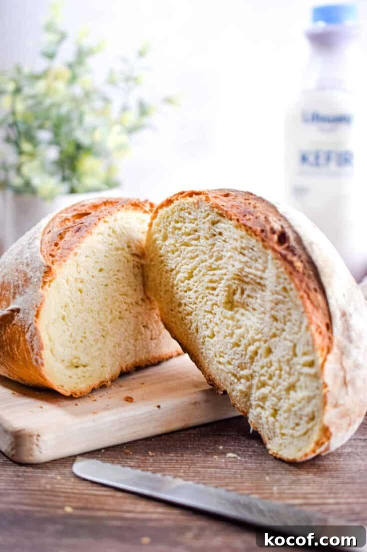 The bread is cut open with a bottle of kefir in the background.
