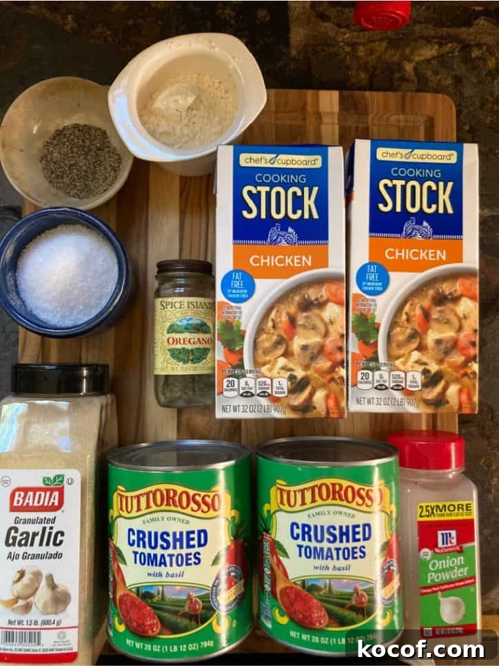 Quick Homemade Tomato Soup Recipe for Comfort and Flavor 4 ingredients on a table.