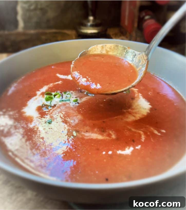Quick Homemade Tomato Soup Recipe for Comfort and Flavor 8 bowl of tomato soup with ladel.