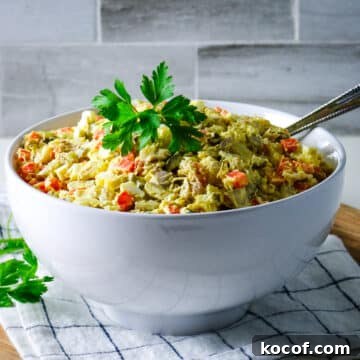 Chicken potato salad in a bowl.