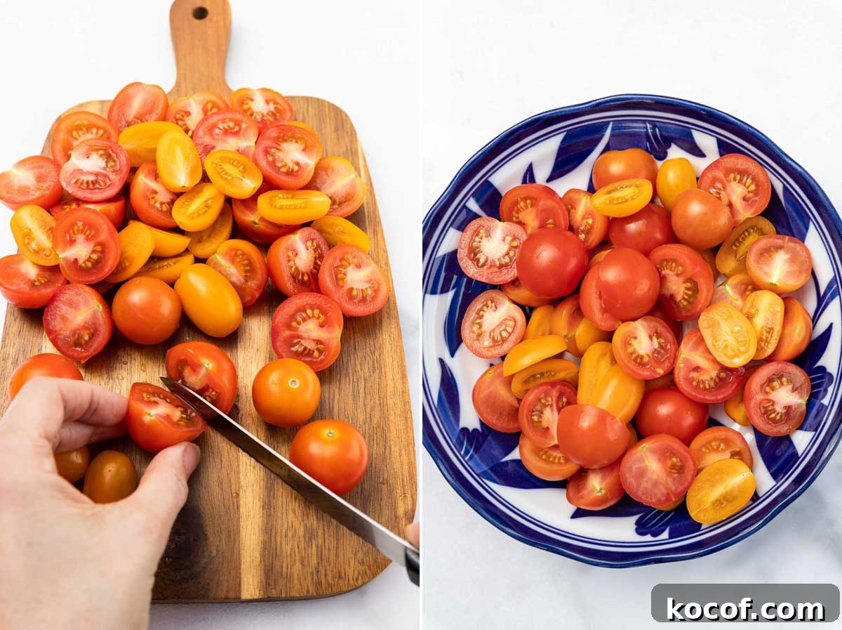 A collage of 2 images showing a closeup of someone chopping cherry tomatoes on a wooden board, and then the chopped tomatoes in a blue patterned bowl on a marble background.