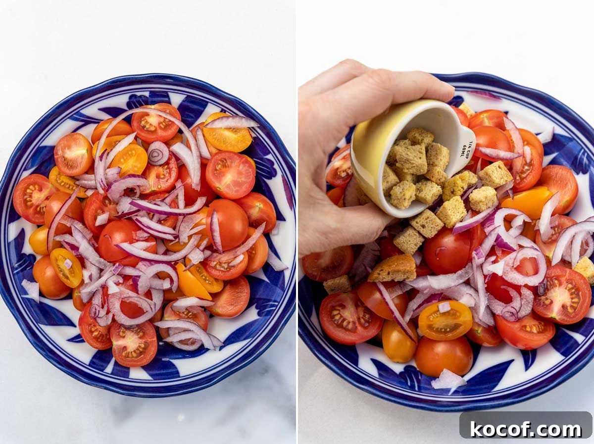 A collage of 2 images showing overhead bowls of halved cherry tomatoes and onion and the same bowl of salad with someone adding croutons, on a marble background.