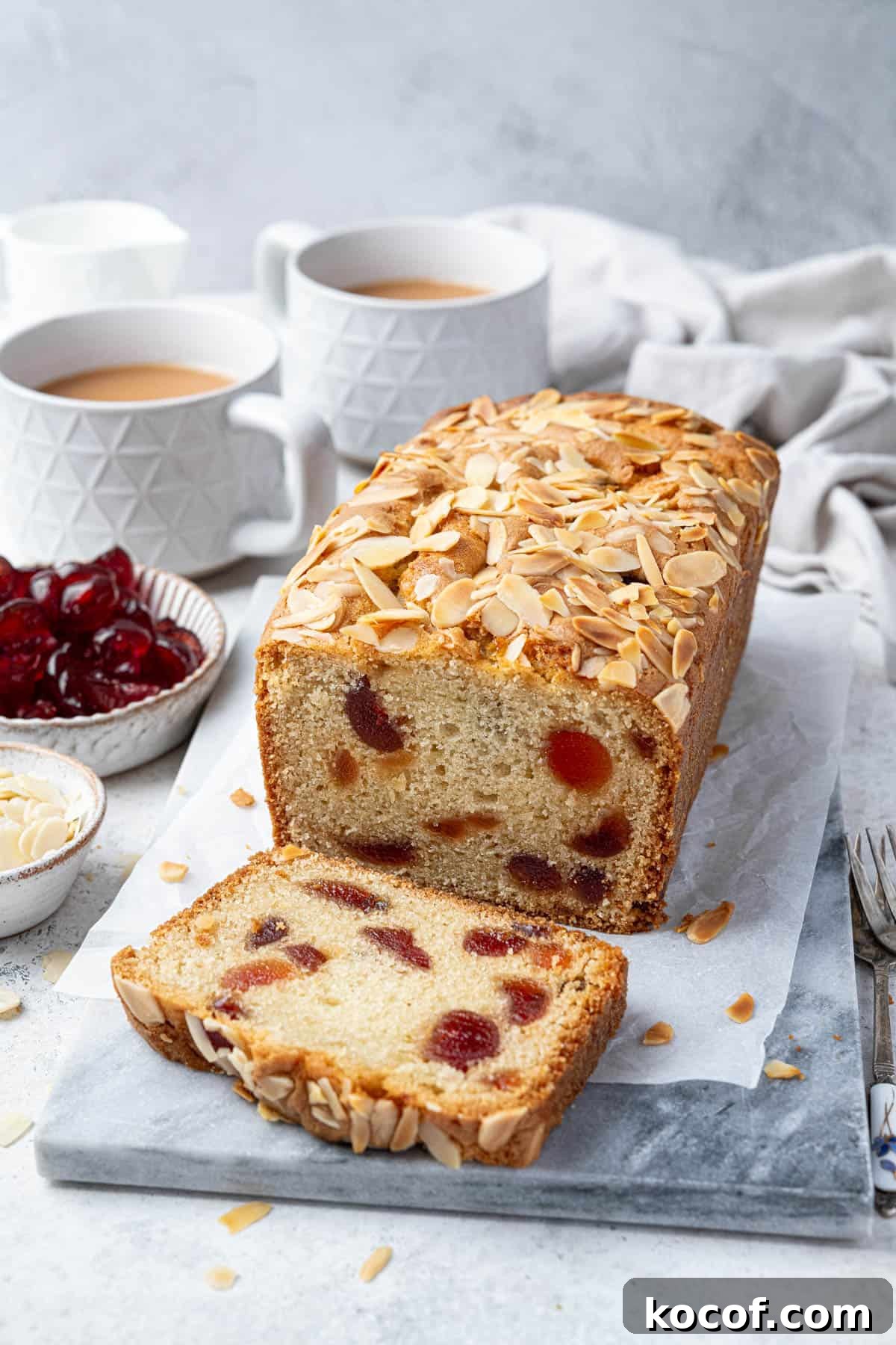 Vegan cherry loaf cake on a marble board with cups of tea and bowls of glace cherries and flaked almonds.
