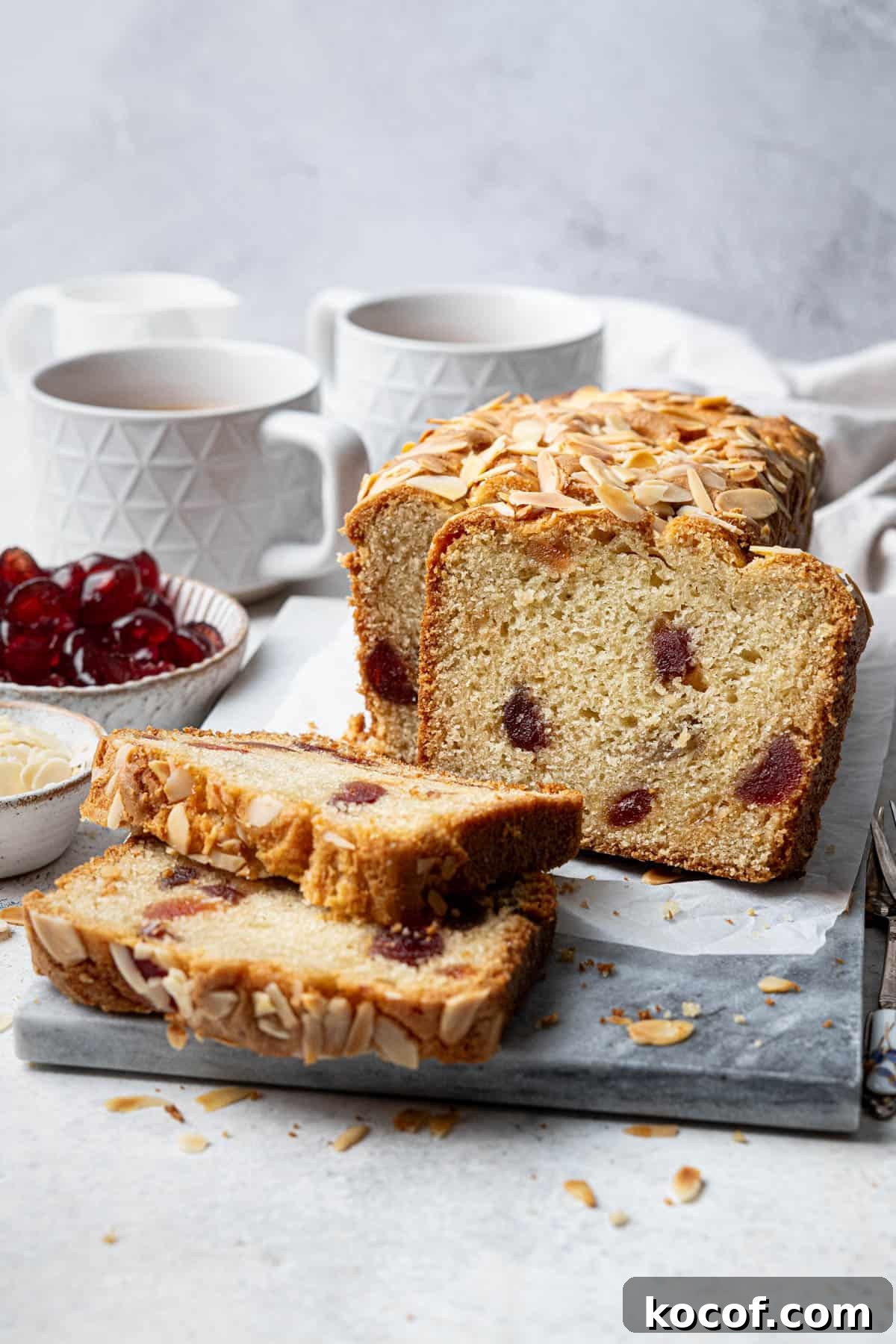 The sliced vegan cherry loaf cake on a marble board with cups of tea and bowls of glace cherries and flaked almonds.