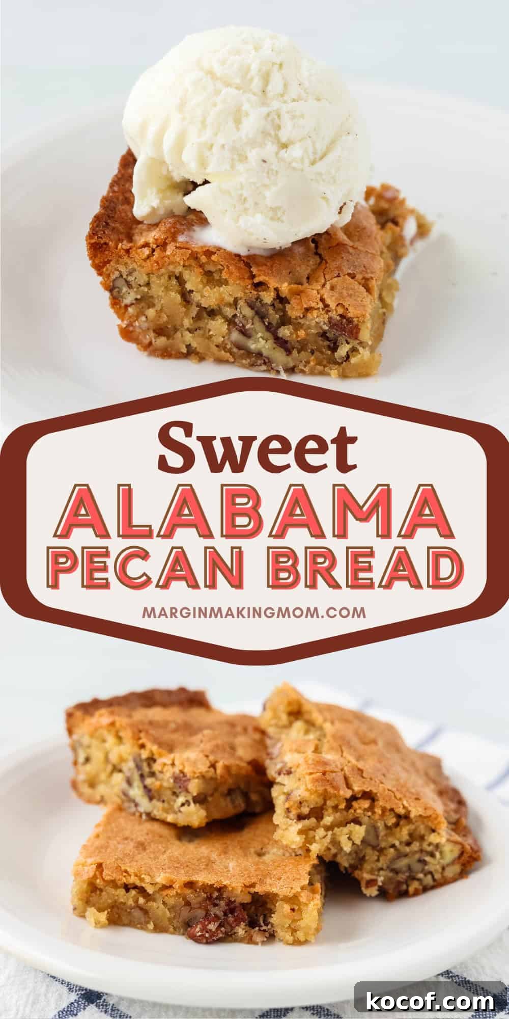Southern Pecan Quick-Bread Recipe with Brown Sugar Glaze 13 two photos; one shows a slice of Alabama pecan bread topped with ice cream; the other shows three pieces of southern pecan bread on a white plate.