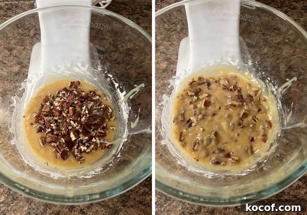 Southern Pecan Quick-Bread Recipe with Brown Sugar Glaze 8 two photos; one shows pecans added to batter, the other shows batter mixed together.