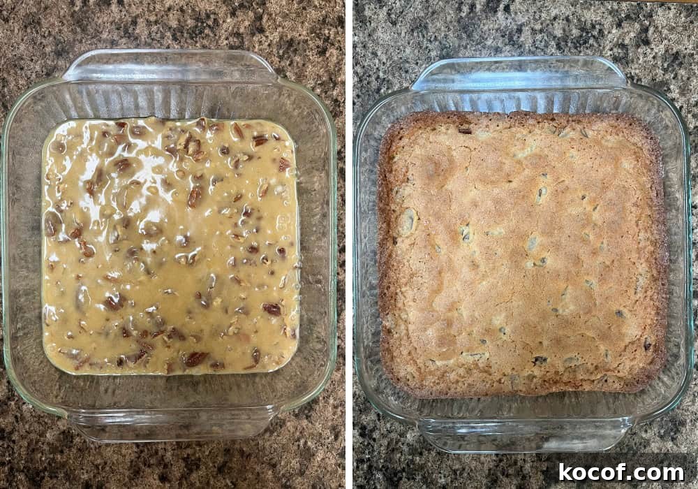 Southern Pecan Quick-Bread Recipe with Brown Sugar Glaze 9 two photos; one shows batter in glass baking dish; the other shows pan of pecan bread after baking.
