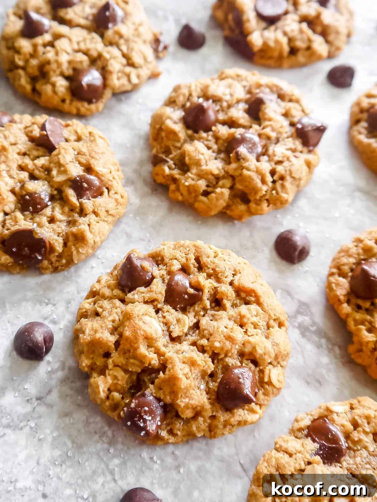 Almond Oatmeal Cookies — Gluten-Free & Dairy-Free Recipe 2 Almond Oatmeal Cookies on a table surrounded by sea salt and chocolate chips.