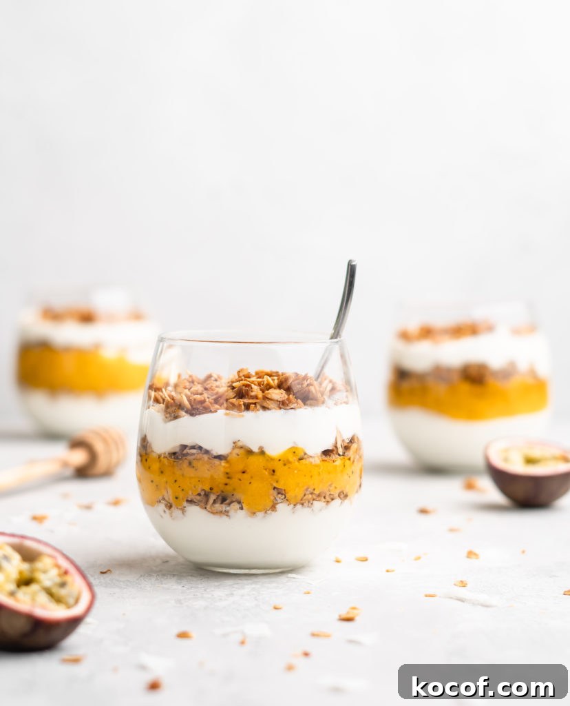 Cinnamon Bun Pancakes with Cream Cheese Frosting 11 Layers of passion fruit and mango puree, yogurt, and coconut granola make up with tropical yogurt parfait