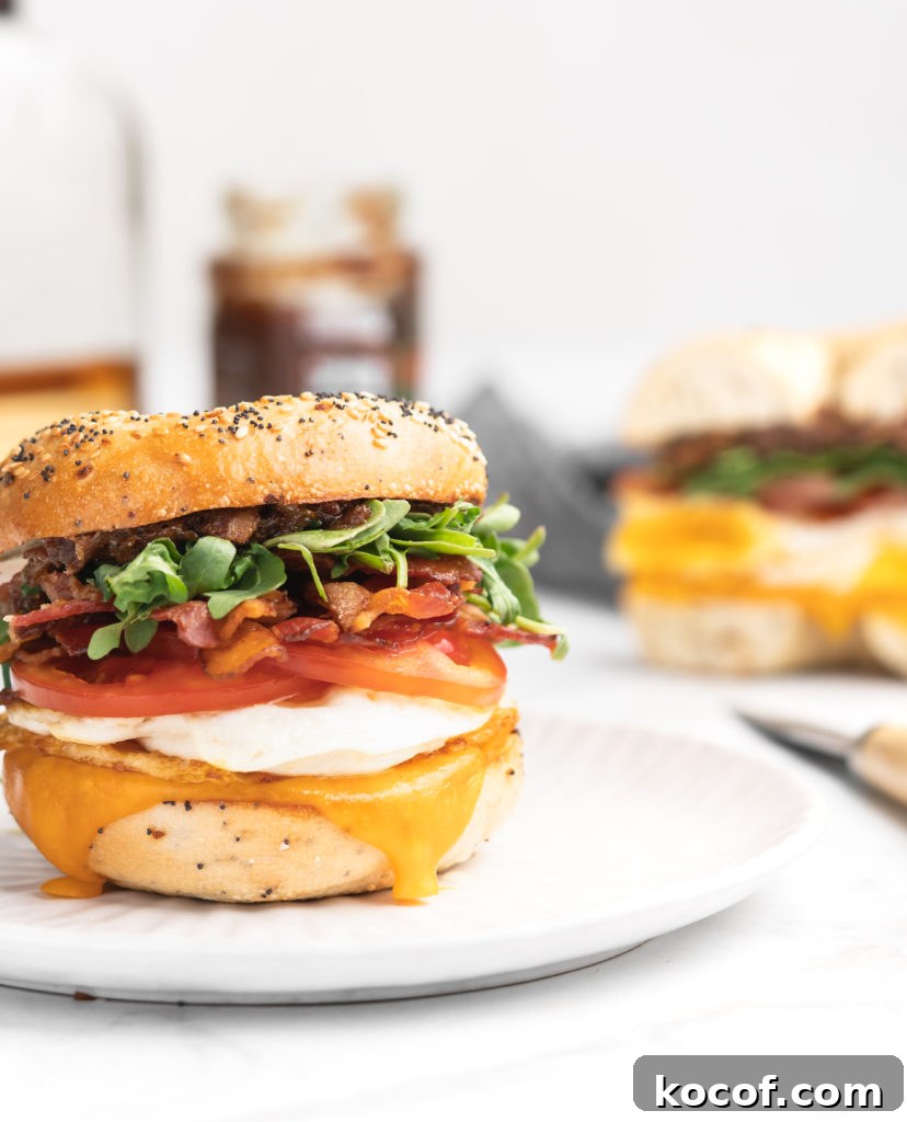 Cinnamon Bun Pancakes with Cream Cheese Frosting 10 Cheddar, a fried egg, crispy bacon, juicy tomatoes, peppery arugula, sweet apple chutney, and savory bacon jam is all sandwiched between a garlicky everything bagel
