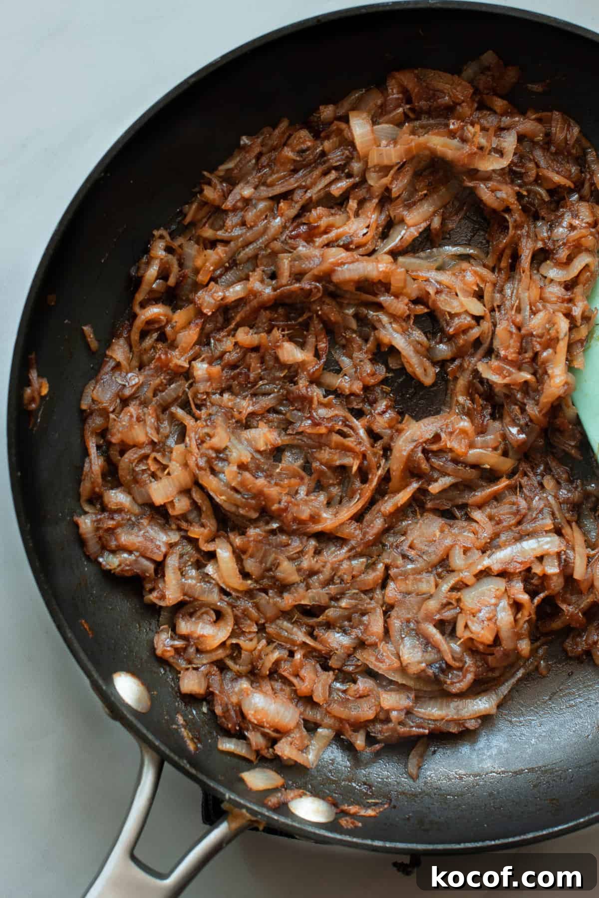 Creamy French Onion Dip Recipe with Lighter Ingredients 4 caramelized onions in skillet