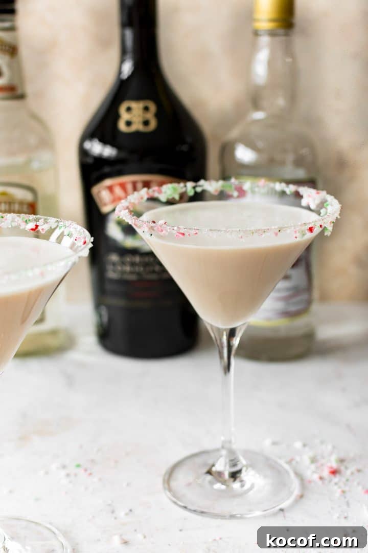 Chocolate Peppermint Martini with Crushed Candy Cane Rim 2 Christmas cocktail recipe with Baileys, Creme de Cacao, Peppermint Schnapps, and a crushed candy cane rim in a martini glass with bottles in the background